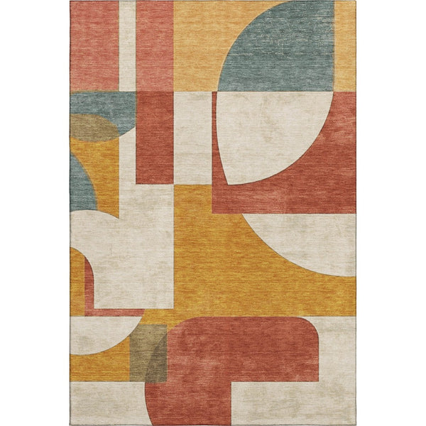 HomeRoots 8' X 10' Coral Gold Ivory Washable Area Rug - Stylish Abstract Geometric Design with UV Protection 697348