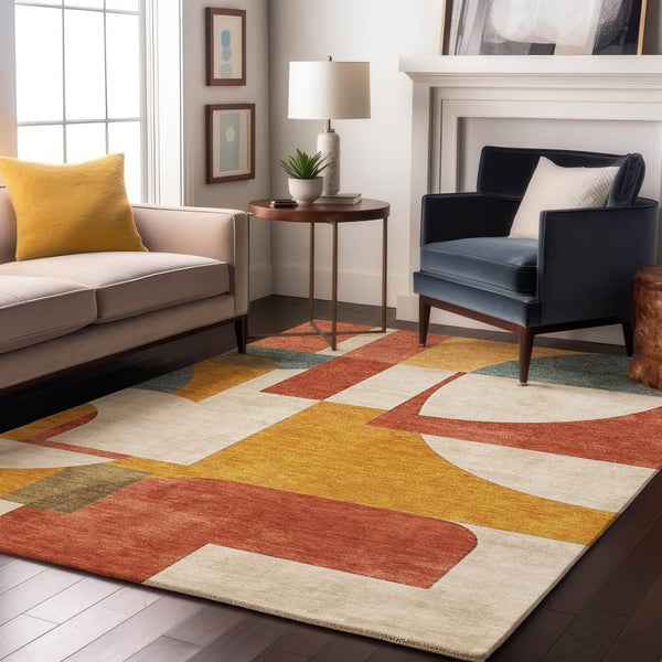 HomeRoots 8' X 10' Coral Gold Ivory Washable Area Rug - Stylish Abstract Geometric Design with UV Protection 697348