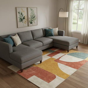 HomeRoots 9' X 12' Coral Gold Ivory Abstract Geometric Area Rug - Durable, Washable, UV Protected, Non-Slip! 697349