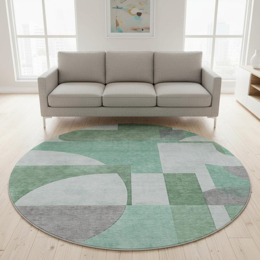 HomeRoots 8' Stylish Green Gray Ivory Abstract Geometric Washable Round Rug with UV Protection & Stain Resistance 697353