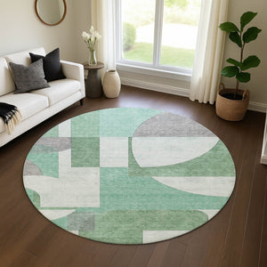 HomeRoots 8' Stylish Green Gray Ivory Abstract Geometric Washable Round Rug with UV Protection & Stain Resistance 697353