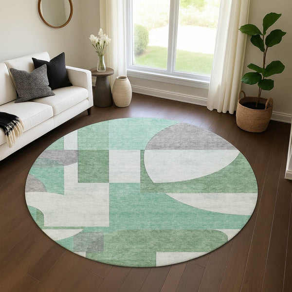 HomeRoots 8' Stylish Green Gray Ivory Abstract Geometric Washable Round Rug with UV Protection & Stain Resistance 697353