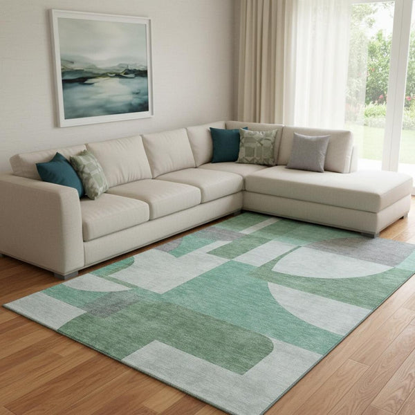 HomeRoots 8' X 10' Abstract Geometric Area Rug in Green, Gray & Ivory - Washable, UV-Protected & Stain Resistant 697354