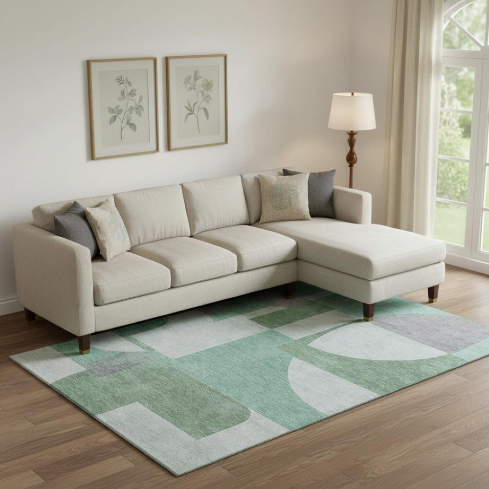 HomeRoots 9' X 12' Stylish Green Gray Ivory Geometric Washable Area Rug – Stain Resistant & UV Protected! 697355