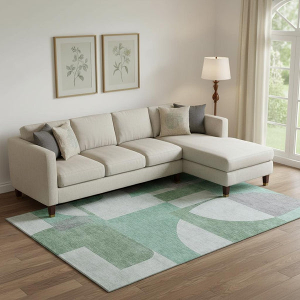 HomeRoots 9' X 12' Stylish Green Gray Ivory Geometric Washable Area Rug – Stain Resistant & UV Protected! 697355