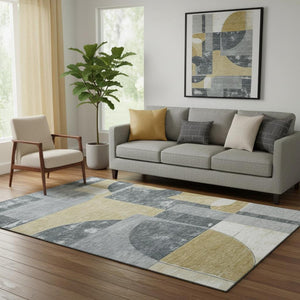 HomeRoots 5' Gray Gold Silver Abstract Geometric Area Rug – Washable, UV Protected, Durable & Stylish Design 697358