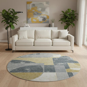 HomeRoots 8' Gray Gold and Silver Abstract Round Rug - Washable, UV-Protected, Stylish & Durable for All Spaces 697359
