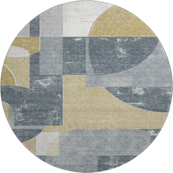HomeRoots 8' Gray Gold and Silver Abstract Round Rug - Washable, UV-Protected, Stylish & Durable for All Spaces 697359