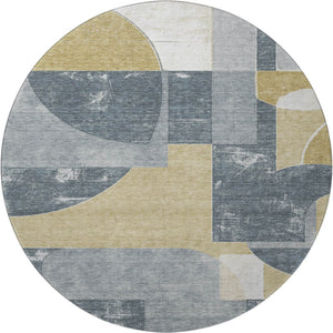HomeRoots 8' Gray Gold and Silver Abstract Round Rug - Washable, UV-Protected, Stylish & Durable for All Spaces 697359
