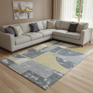 HomeRoots 8' X 10' Stylish Gray Gold Silver Geometric Area Rug - Washable, UV Protected, and Pet Friendly! 697360