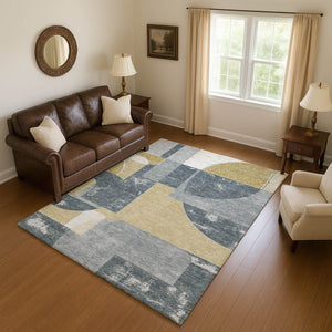 HomeRoots 8' X 10' Stylish Gray Gold Silver Geometric Area Rug - Washable, UV Protected, and Pet Friendly! 697360