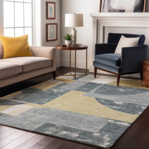 HomeRoots 8' X 10' Stylish Gray Gold Silver Geometric Area Rug - Washable, UV Protected, and Pet Friendly! 697360