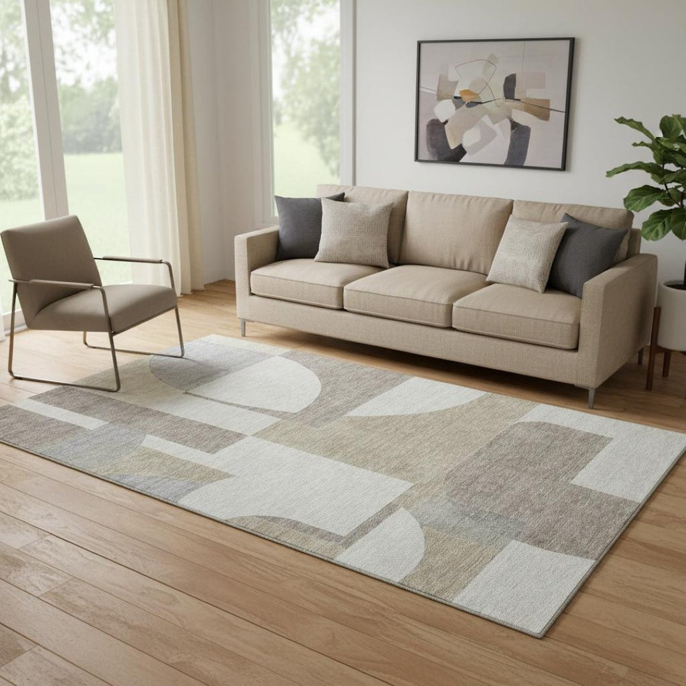 HomeRoots 5' X 8' Khaki Beige & Gray Abstract Area Rug - Washable, UV Protected, Non-Slip for Modern Spaces 697364