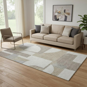 HomeRoots 5' X 8' Khaki Beige & Gray Abstract Area Rug - Washable, UV Protected, Non-Slip for Modern Spaces 697364