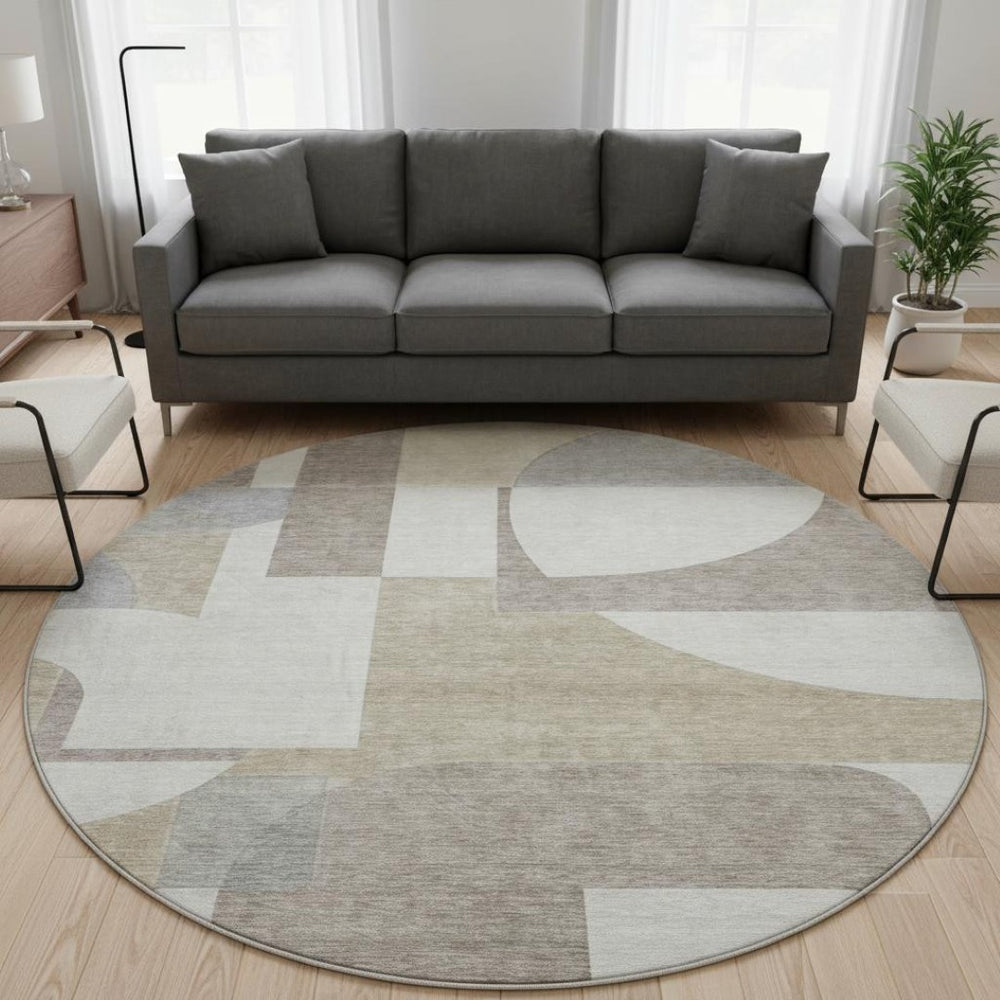 HomeRoots 8' Khaki Beige & Gray Abstract Round Rug – Washable, UV-Protected, Soft, Durable for Family Spaces 697365