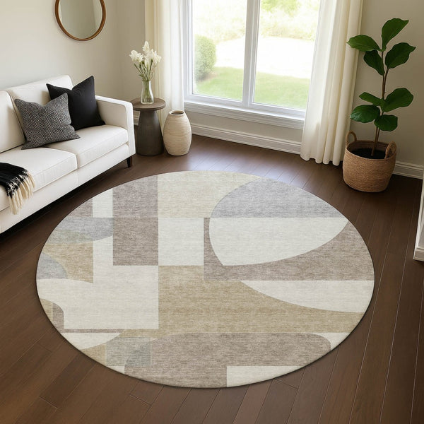 HomeRoots 8' Khaki Beige & Gray Abstract Round Rug – Washable, UV-Protected, Soft, Durable for Family Spaces 697365