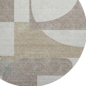 HomeRoots 8' Khaki Beige & Gray Abstract Round Rug – Washable, UV-Protected, Soft, Durable for Family Spaces 697365