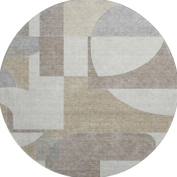 HomeRoots 8' Khaki Beige & Gray Abstract Round Rug – Washable, UV-Protected, Soft, Durable for Family Spaces 697365