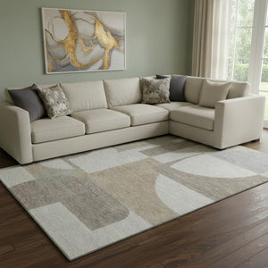 HomeRoots 8' X 10' Washable Khaki Beige & Gray Abstract Geometric Area Rug with UV Protection & Non-Slip Backing 697366