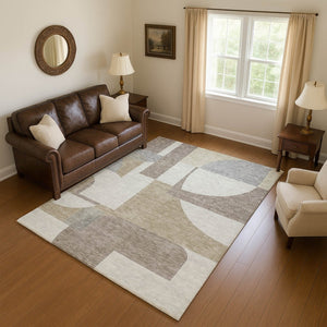 HomeRoots 8' X 10' Washable Khaki Beige & Gray Abstract Geometric Area Rug with UV Protection & Non-Slip Backing 697366
