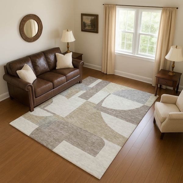 HomeRoots 8' X 10' Washable Khaki Beige & Gray Abstract Geometric Area Rug with UV Protection & Non-Slip Backing 697366