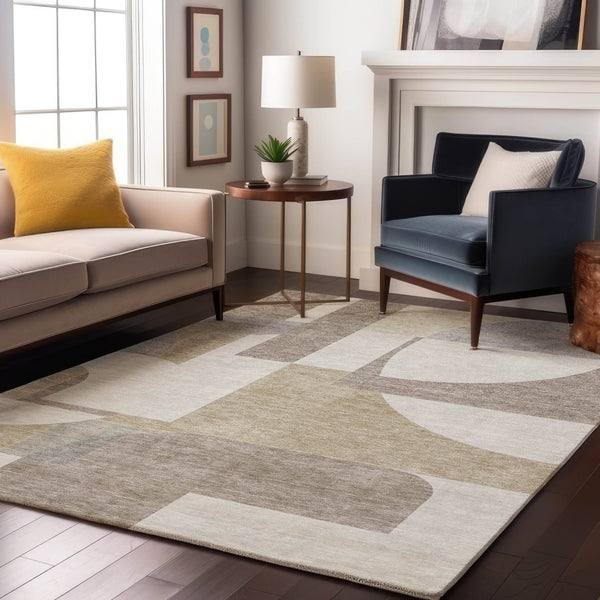 HomeRoots 8' X 10' Washable Khaki Beige & Gray Abstract Geometric Area Rug with UV Protection & Non-Slip Backing 697366