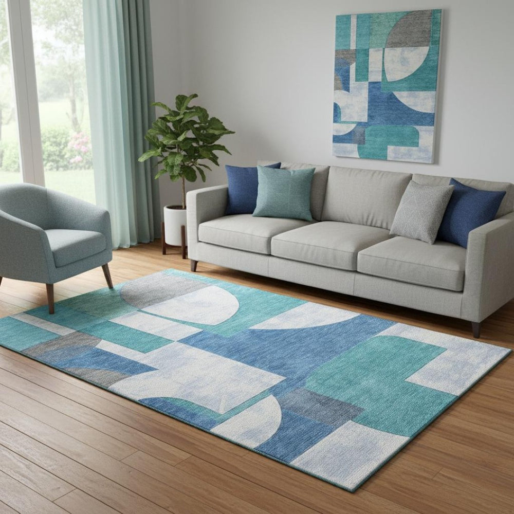 HomeRoots 5' X 8' Teal Ivory Gray Abstract Washable Area Rug with UV Protection for Modern Homes & Families 697370