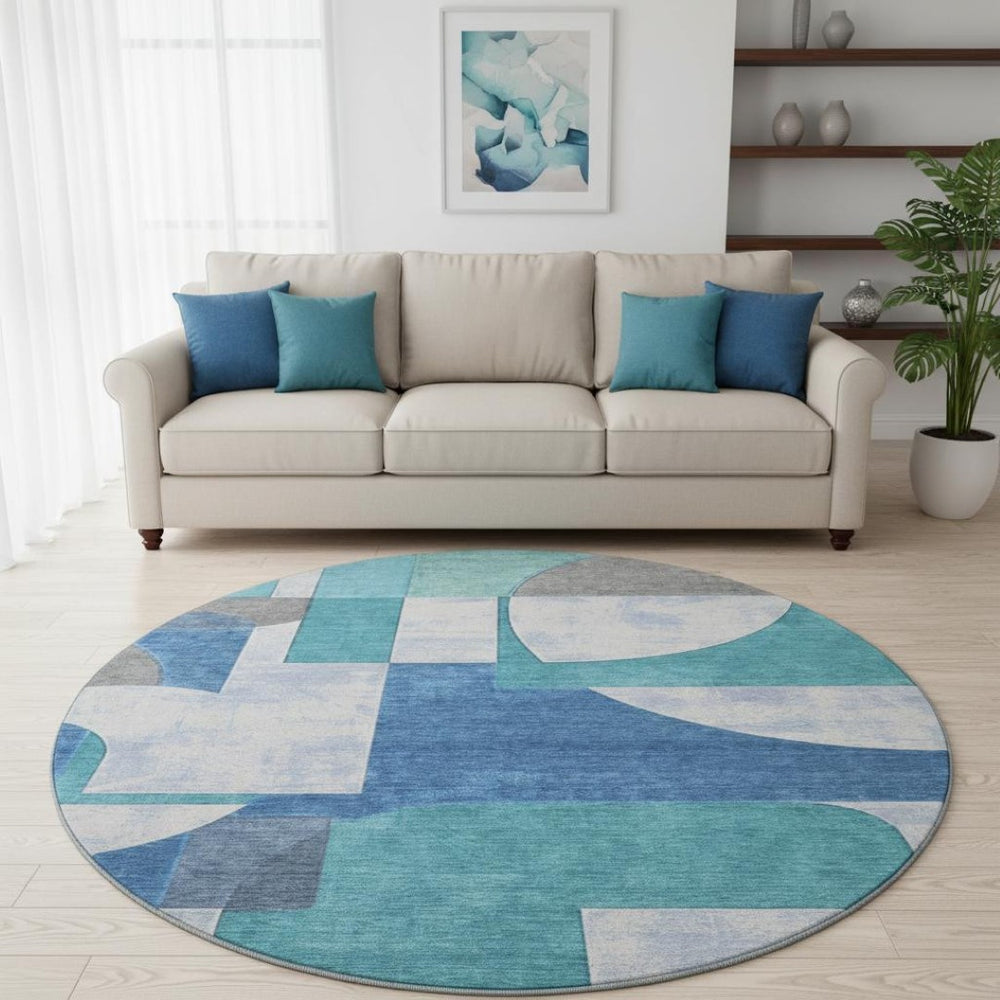 HomeRoots 8' Teal Ivory Gray Abstract Round Rug - Washable, Stain Resistant, UV Protected for Modern Spaces 697371