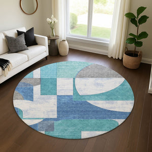 HomeRoots 8' Teal Ivory Gray Abstract Round Rug - Washable, Stain Resistant, UV Protected for Modern Spaces 697371