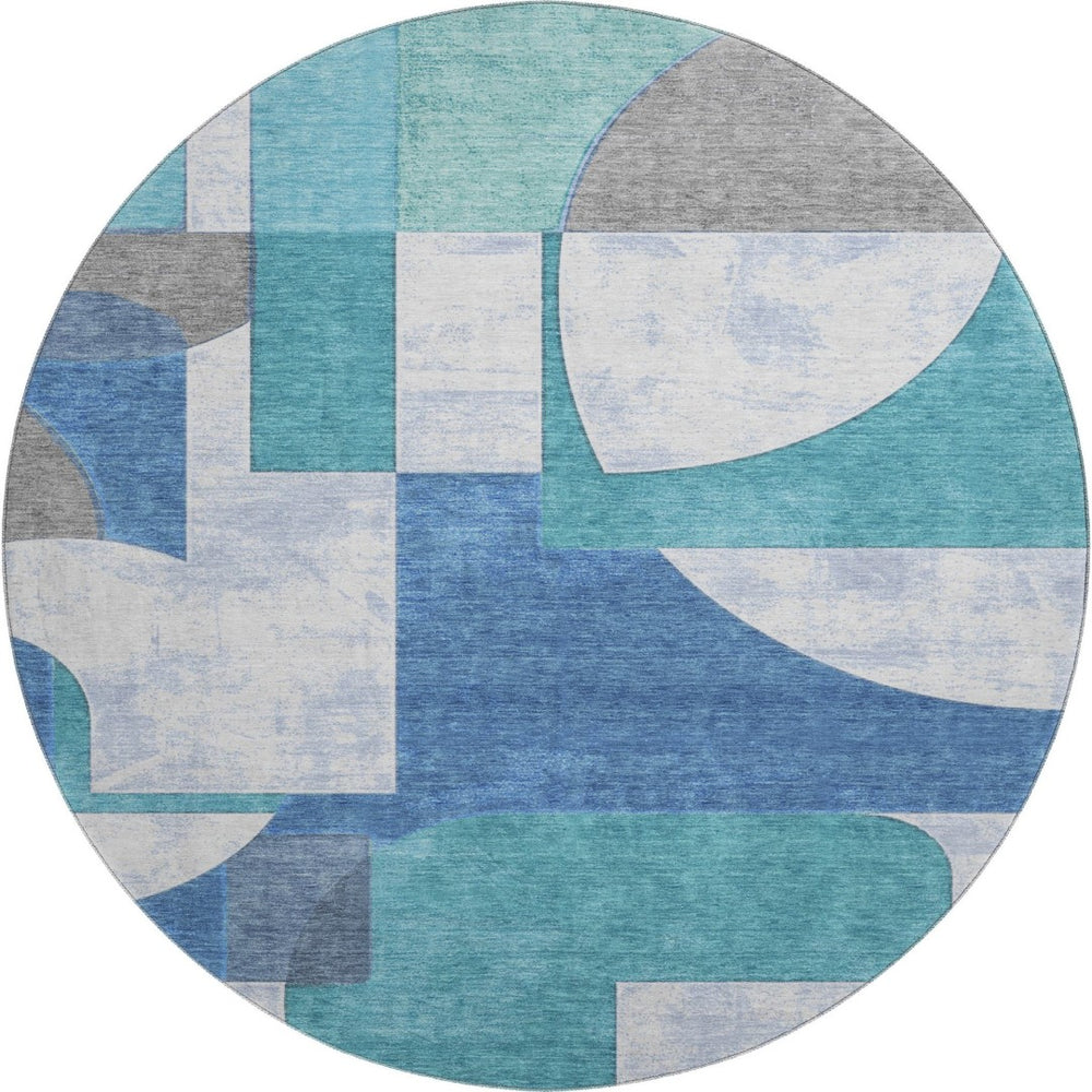 HomeRoots 8' Teal Ivory Gray Abstract Round Rug - Washable, Stain Resistant, UV Protected for Modern Spaces 697371
