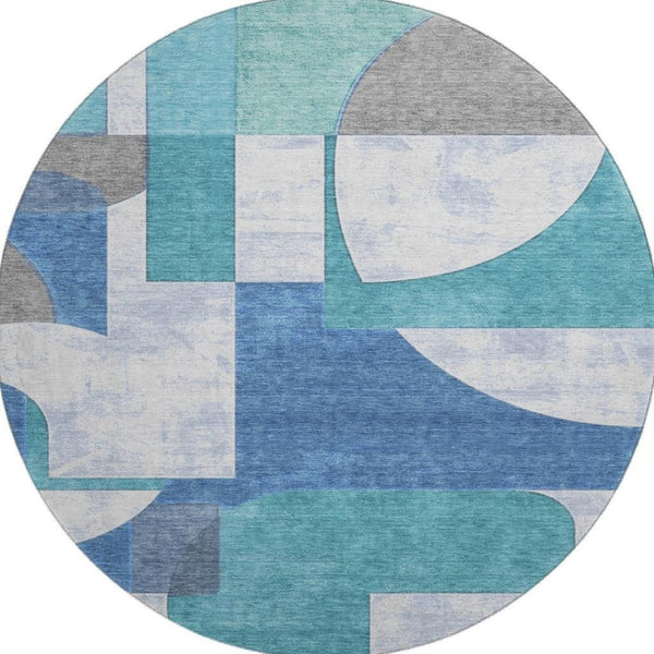 HomeRoots 8' Teal Ivory Gray Abstract Round Rug - Washable, Stain Resistant, UV Protected for Modern Spaces 697371