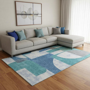 HomeRoots 8' X 10' Washable Teal, Ivory & Gray Abstract Rug - Durable, UV Protected, Perfect for Busy Homes! 697372