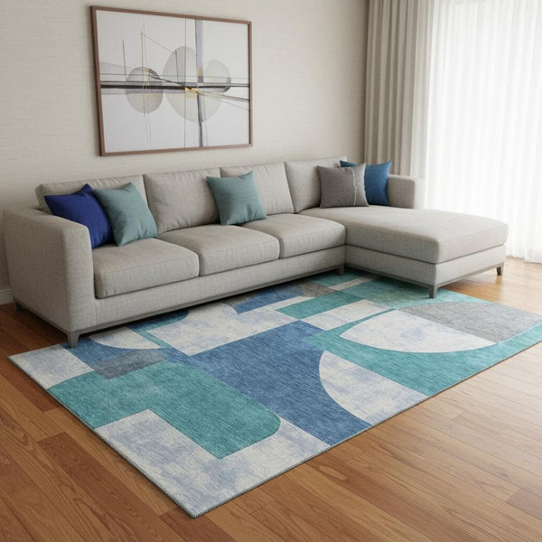 HomeRoots 8' X 10' Washable Teal, Ivory & Gray Abstract Rug - Durable, UV Protected, Perfect for Busy Homes! 697372