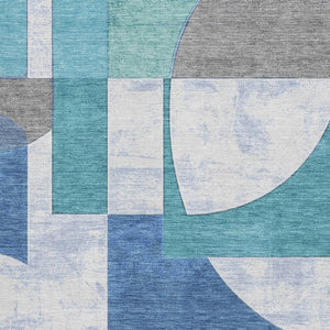 HomeRoots 8' X 10' Washable Teal, Ivory & Gray Abstract Rug - Durable, UV Protected, Perfect for Busy Homes! 697372