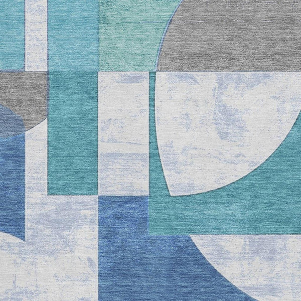 HomeRoots 8' X 10' Washable Teal, Ivory & Gray Abstract Rug - Durable, UV Protected, Perfect for Busy Homes! 697372