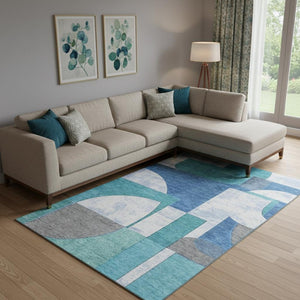 HomeRoots 9' X 12' Washable Teal, Ivory & Gray Abstract Area Rug with UV Protection for Stylish Homes 697373