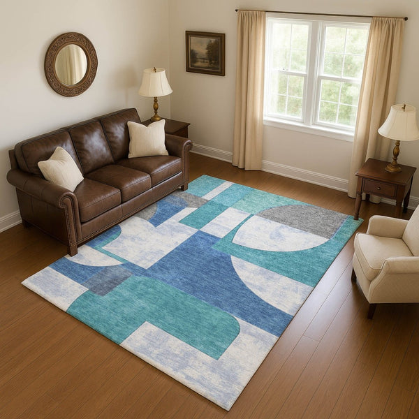 HomeRoots 9' X 12' Washable Teal, Ivory & Gray Abstract Area Rug with UV Protection for Stylish Homes 697373