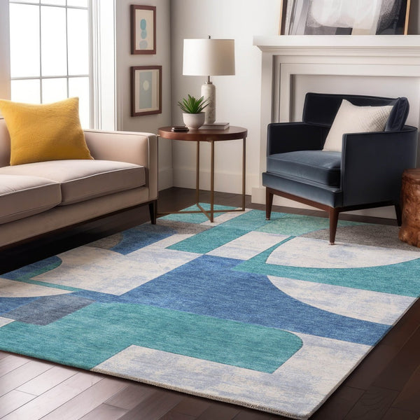 HomeRoots 9' X 12' Washable Teal, Ivory & Gray Abstract Area Rug with UV Protection for Stylish Homes 697373