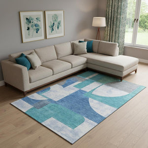 HomeRoots 10' X 14' Teal Ivory Gray Abstract Geometric Washable Area Rug - Durable, UV-Protected, Non-Slip Design 697374