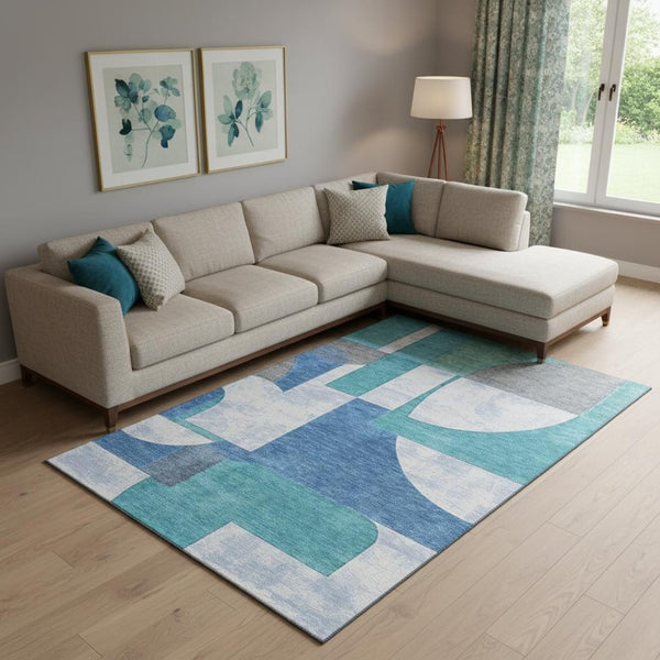 HomeRoots 10' X 14' Teal Ivory Gray Abstract Geometric Washable Area Rug - Durable, UV-Protected, Non-Slip Design 697374