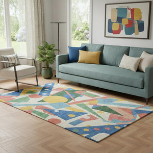 HomeRoots 5' X 8' Geometric Area Rug in Blue, Yellow & Coral - Washable, UV-Protected & Stain-Resistant Design! 697376