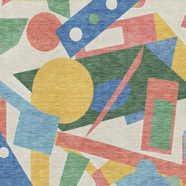 HomeRoots 5' X 8' Geometric Area Rug in Blue, Yellow & Coral - Washable, UV-Protected & Stain-Resistant Design! 697376