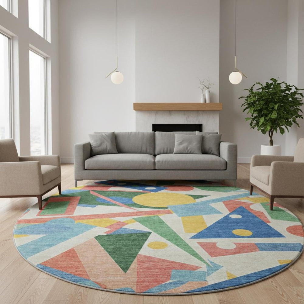 HomeRoots 8' Vibrant Blue, Yellow & Coral Geometric Round Rug - Washable, UV Protected & Stain Resistant Design 697377
