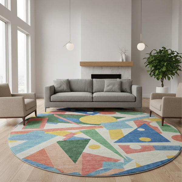 HomeRoots 8' Vibrant Blue, Yellow & Coral Geometric Round Rug - Washable, UV Protected & Stain Resistant Design 697377