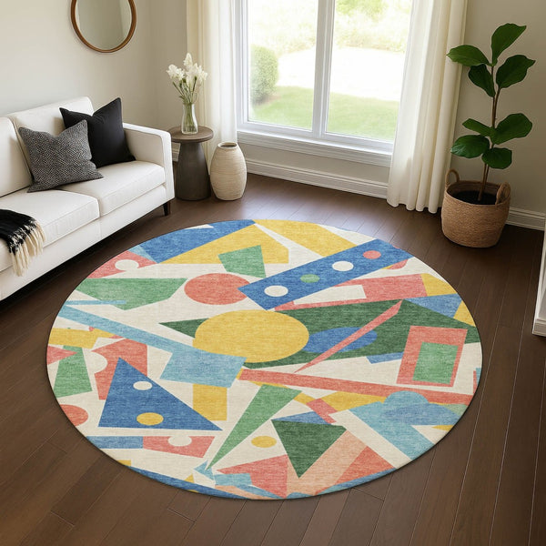 HomeRoots 8' Vibrant Blue, Yellow & Coral Geometric Round Rug - Washable, UV Protected & Stain Resistant Design 697377
