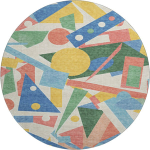 HomeRoots 8' Vibrant Blue, Yellow & Coral Geometric Round Rug - Washable, UV Protected & Stain Resistant Design 697377