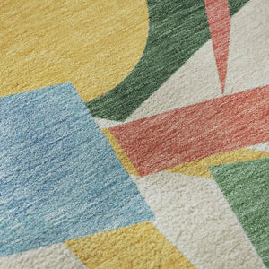 HomeRoots 8' Vibrant Blue, Yellow & Coral Geometric Round Rug - Washable, UV Protected & Stain Resistant Design 697377