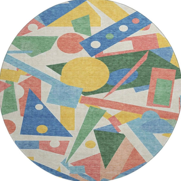 HomeRoots 8' Vibrant Blue, Yellow & Coral Geometric Round Rug - Washable, UV Protected & Stain Resistant Design 697377