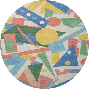 HomeRoots 8' Vibrant Blue, Yellow & Coral Geometric Round Rug - Washable, UV Protected & Stain Resistant Design 697377