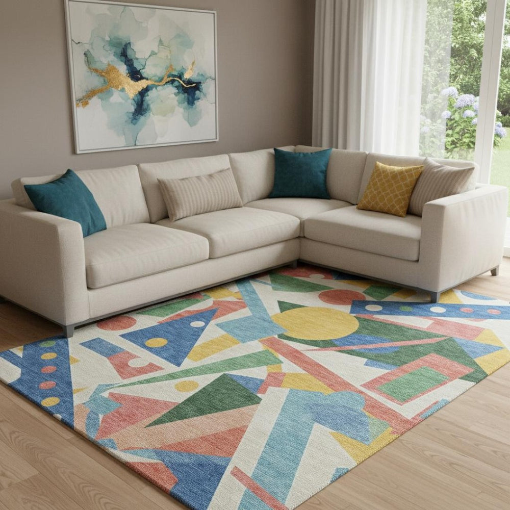 HomeRoots 8' X 10' Modern Geometric Area Rug in Blue, Yellow & Coral – Washable, Stain-Resistant & UV Protected! 697378